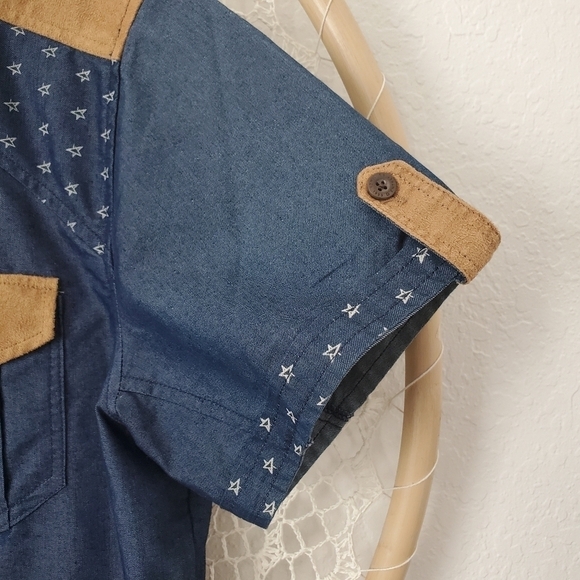 Entree LS Men's Denim Western Faux Leather Button Down Short Sleeve Shirt Large - Picture 3 of 7